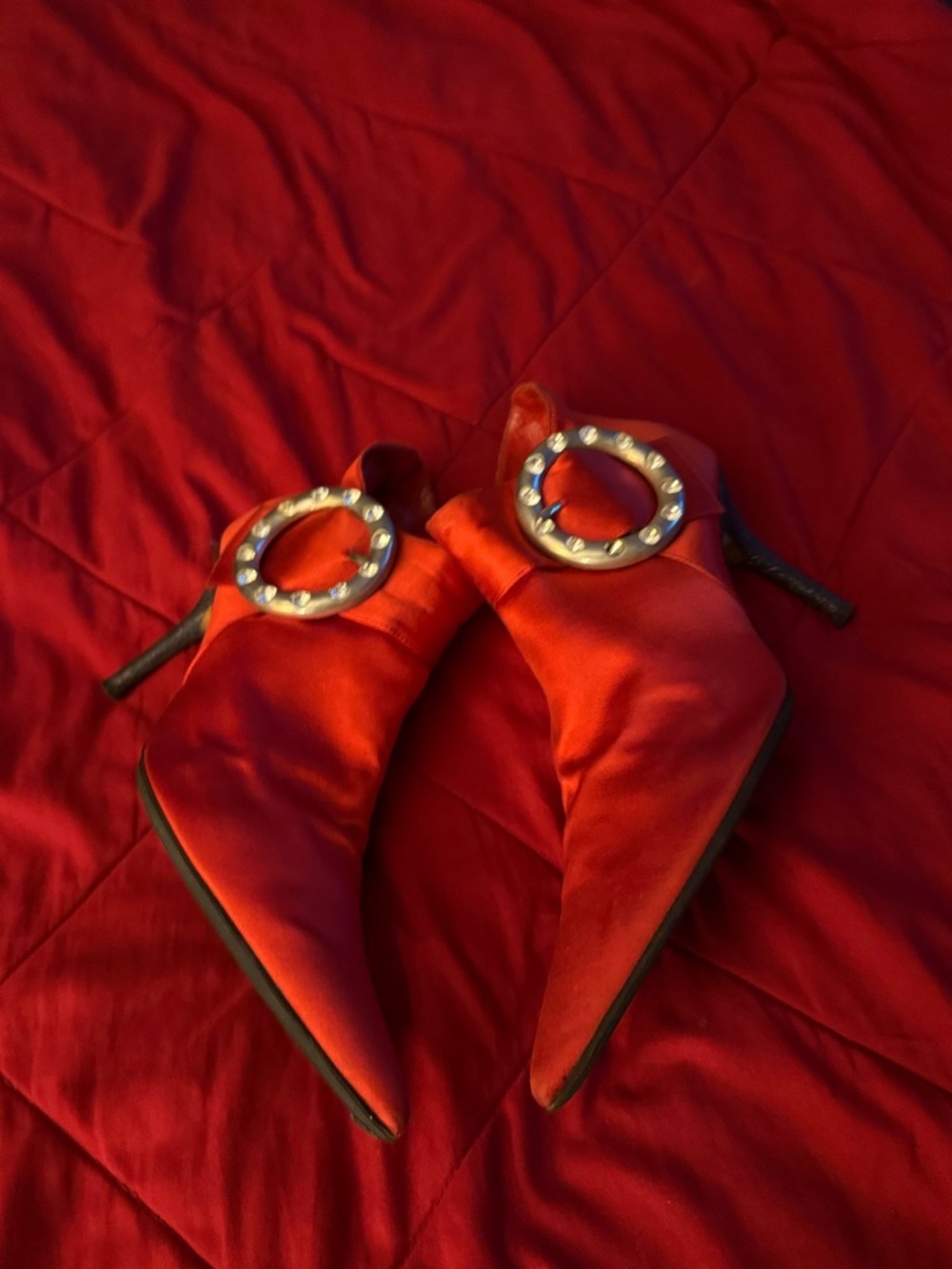 Red Satin Pointed Toe Heeled Mules with Decorative Buckle